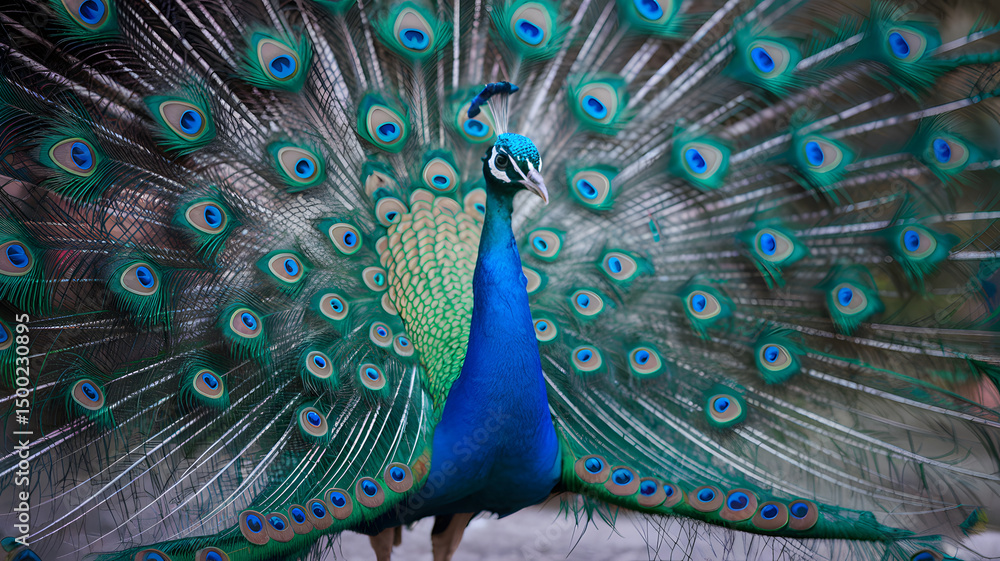Obraz premium A proud peacock displays its brilliant plumage of blue green and feathered eyespots in an elegant fan-shaped presentation.