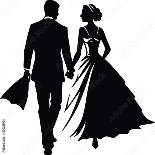 newlyweds walking away,newlyweds walking away silhouette,just married couple silhouette