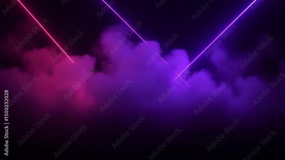 Humo colorido lila y rosa con láseres sobre fondo negro para diseño de efectos, elementos gráficos