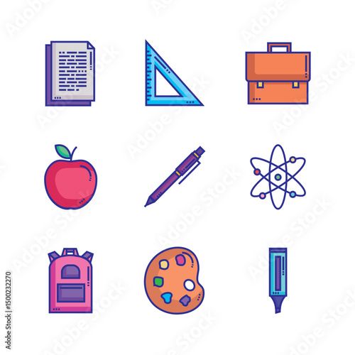 School Supplies Line Vector Set with DNA and Apple