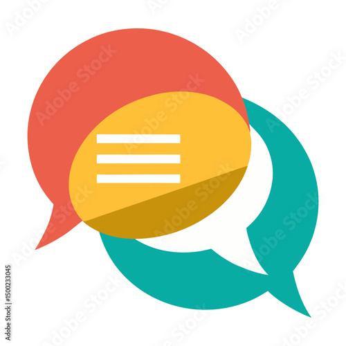 A flat-style illustration of two overlapping speech bubbles, one red and one teal, with a yellow section in the middle containing three horizontal lines, representing communication or conversation.