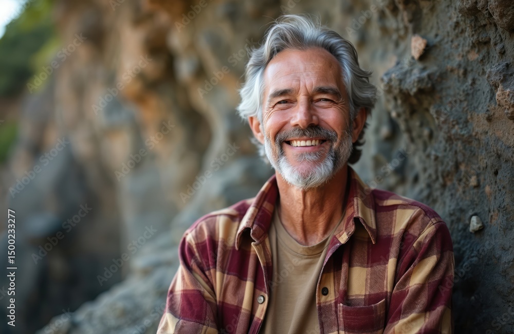 Portrait of smiling senior man in flannel shirt. Happy, cheerful 70s male in casual attire. Grey hair, beard, against rocky cliff backdrop. Good mood. Outdoor photo. Portrait of smiling senior man in flannel shirt. Happy, cheerful 70s male in casual attire. Grey hair, beard, against rocky cliff backdrop. Good mood. Outdoor photo.