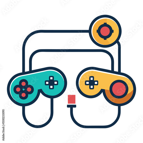 A colorful flat-style illustration featuring two interconnected game controllers, one teal and one yellow, with a target icon above them, symbolizing multiplayer gaming or game development.