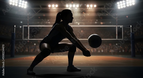 Female Volleyball Player in Action Silhouette During Match in Stadium

