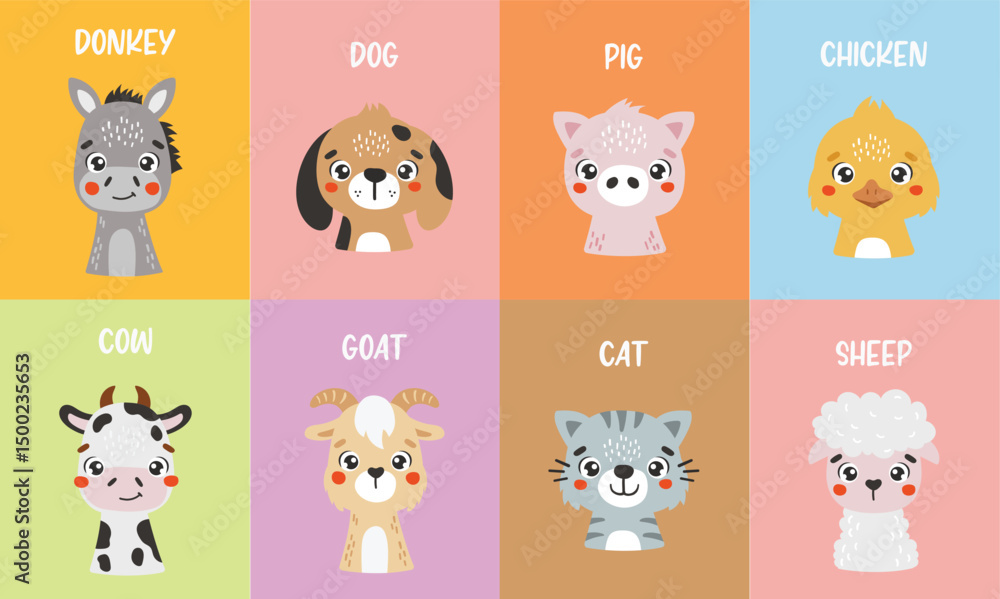 Fototapeta premium Farm animals set isolated, cute animals, kids posters, cartoon, cards for kids