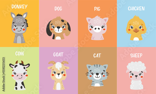 Farm animals set isolated, cute animals, kids posters, cartoon, cards for kids