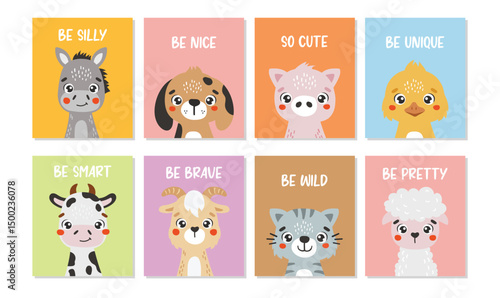 Farm animals isolated, cute animals, kids posters, cartoon, cards for kids