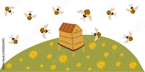 Field with bees and bees farm. Cute background with bees. Beekeeping.