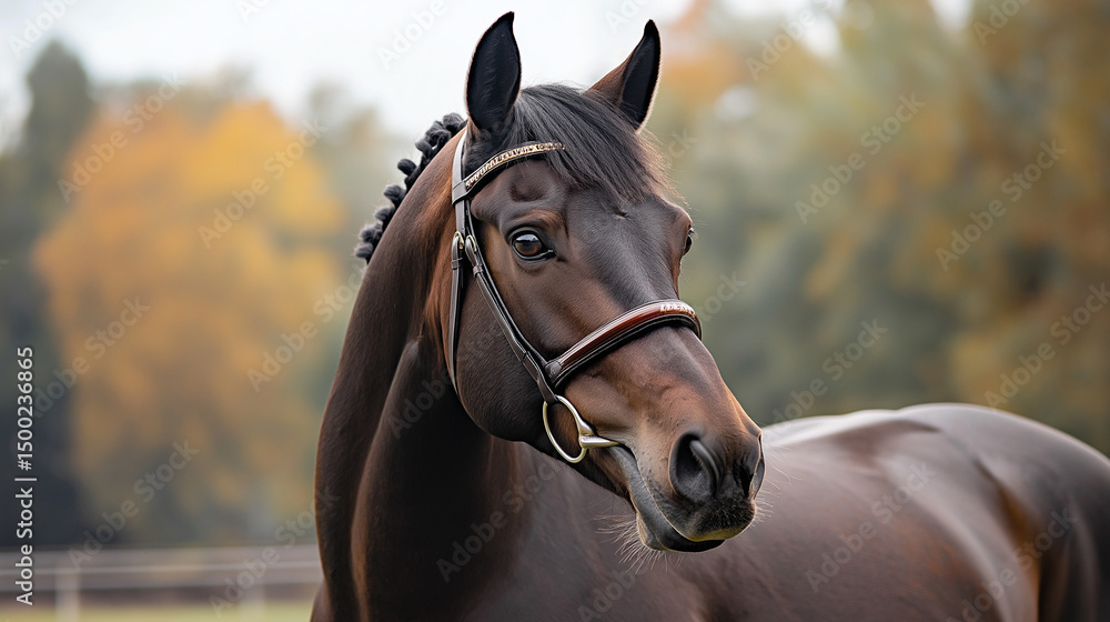 Obraz premium A portrait for Thoroughbred horse which is a sleek, high-spirited horse breed known for its speed and agility, especially in racing. 