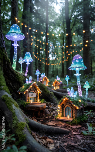 Fairy Tale Forest with Glowing Mushroom Houses and Hanging Lanterns Under Enchanted Canopy Mobile Phone Wallpaper Background