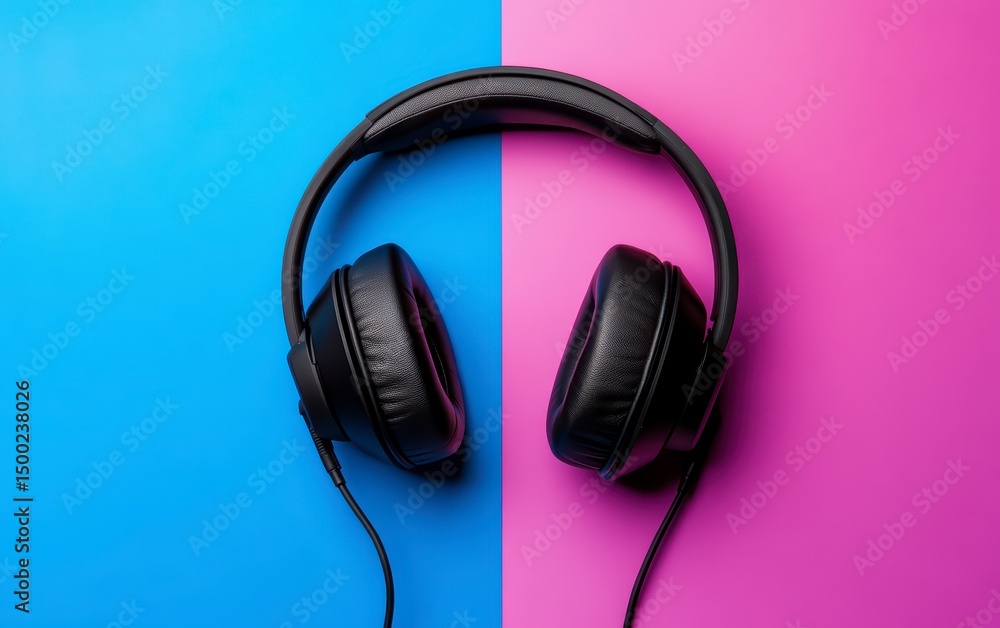 Pair of headphones is placed on a blue and pink background. The headphones are black Pair of headphones is placed on a blue and pink background. The headphones are black