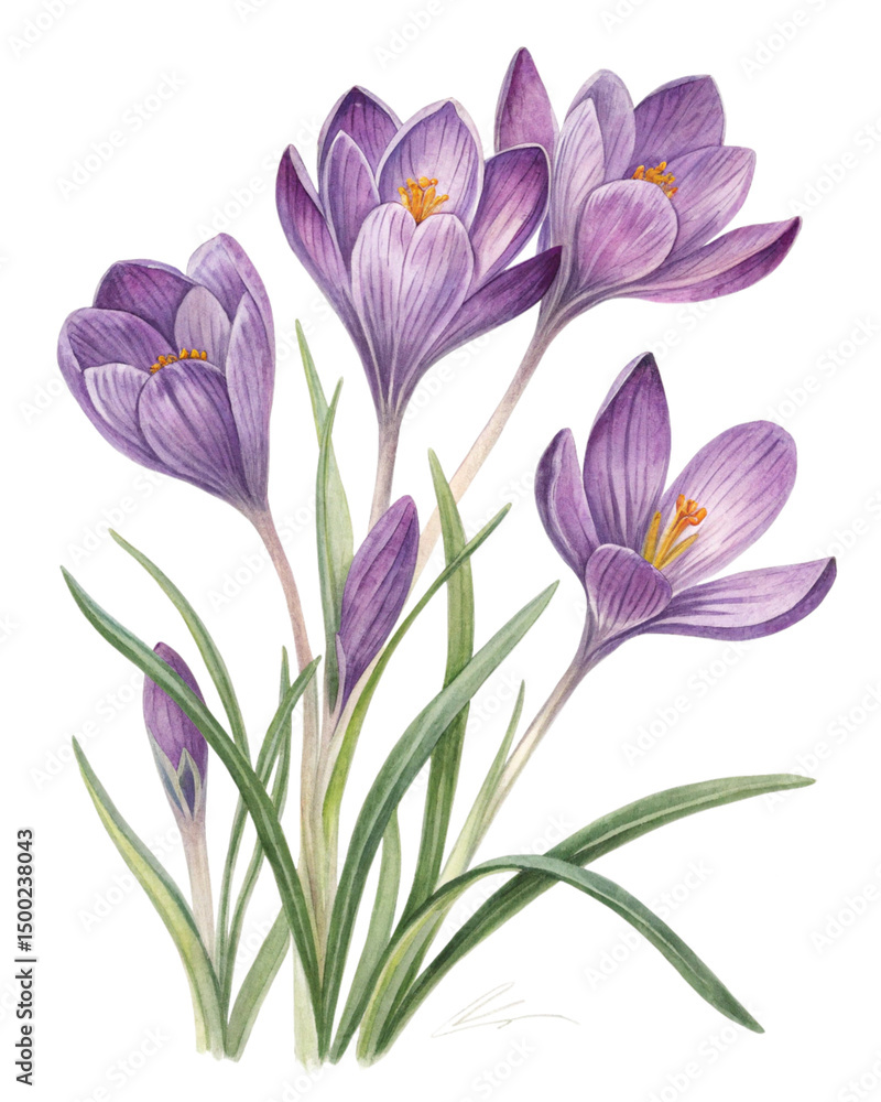 Naklejka premium Purple crocuses with green leaves