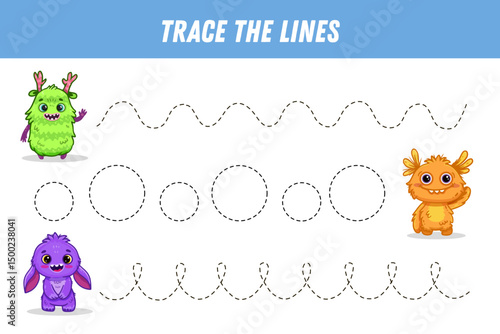 Tracing lines for kids. Cute cartoon monsters. Handwriting practice. Educational game for preschool kids. Activity page. Vector
