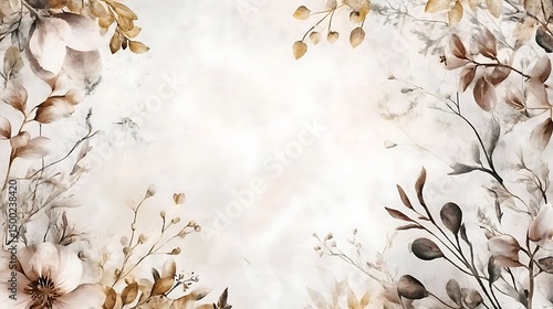 Watercolor painting features delicate brown foliage and flowers against a neutral background.