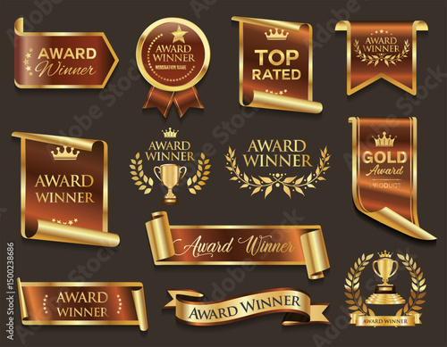 Top rated and award winner golden badge and emblem collection stock illustration 