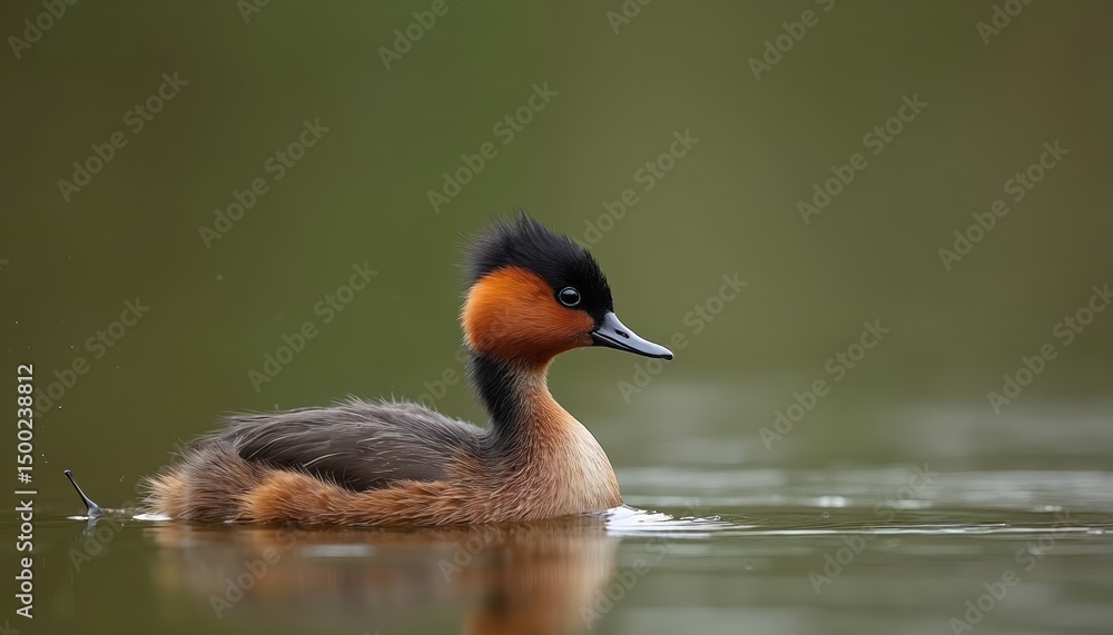 Little grebe Tachybaptus ruficollis also known as dabchick swims tranquil lake waters. Bird has beautiful plumage, detail portrait. Wildlife scenery shows aquatic animal in natural habitat. Little grebe Tachybaptus ruficollis also known as dabchick swims tranquil lake waters. Bird has beautiful plumage, detail portrait. Wildlife scenery shows aquatic animal in natural habitat.