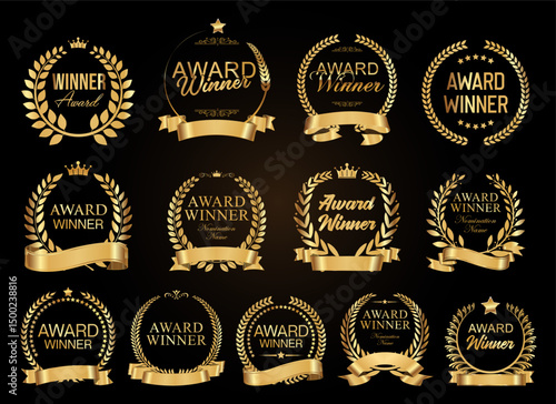 Top rated and award winner golden badge and emblem collection stock illustration 
