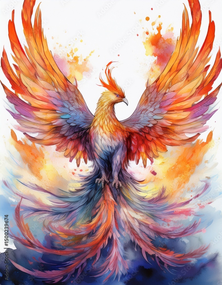 Fototapeta premium Mythischer Phönix – Aquarellbild in feurigen Pastelltönen