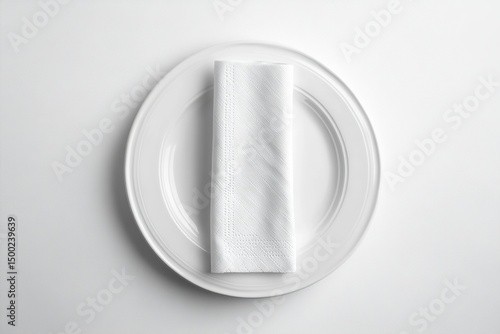 Elegant White Dinner Plate Setting with Folded Napkin Minimalist Tabletop Photography for Restaurant, Hotel, or Catering Menu Design, showcasing clean and sophisticated dining experience.