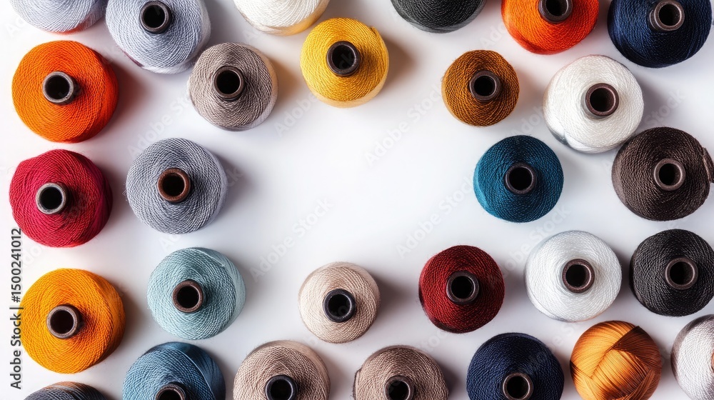 Fototapeta premium A collection of thread bobbins in various metallic and matte shades presented in radial symmetry over a glossy white background