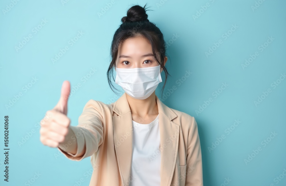 Young Asian woman in face mask gives thumbs up, isolated on light blue background. Protection from COVID-19, coronavirus epidemic. Portrait of female in medical protective mask showing positive Young Asian woman in face mask gives thumbs up, isolated on light blue background. Protection from COVID-19, coronavirus epidemic. Portrait of female in medical protective mask showing positive