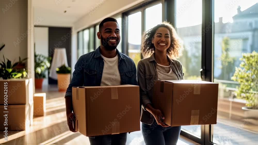 Happy Couple Moving into New Apartment with Boxes in Sunlit Modern Space Happy Couple Moving into New Apartment with Boxes in Sunlit Modern Space