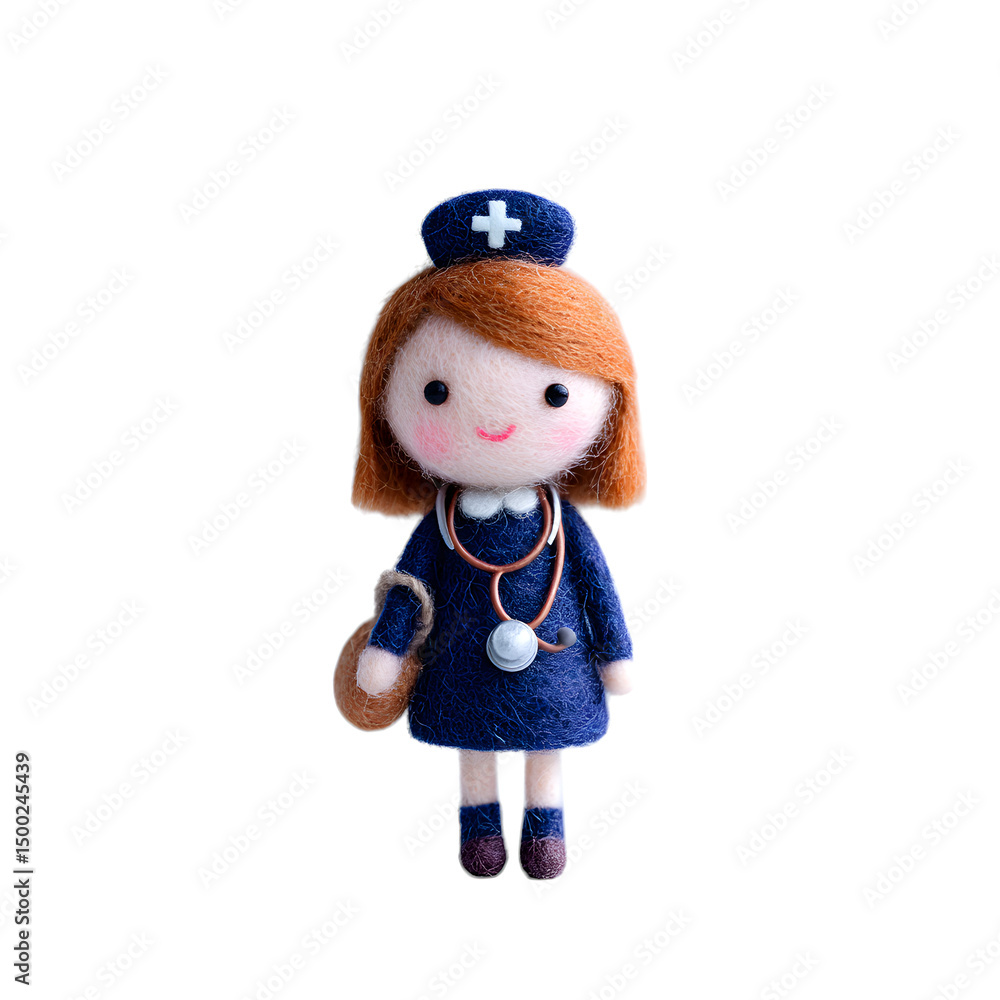 Miniature felt nurse doll with stethoscope, isolated on transparent background Miniature felt nurse doll with stethoscope, isolated on transparent background