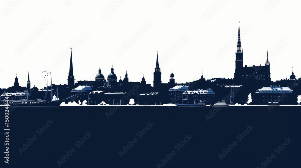 Naklejka premium Silhouette of Helsinki skyline in navy blue against white backgr