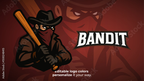 Bandit with Bat Mascot Logo Vector – Urban Outlaw Holding Baseball Club for Esport Team, Street Gaming Logo, Streamer Brand or Underground Competitive Identity

