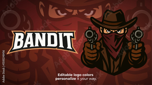 Gunslinger Bandit Mascot Logo Vector – Armed Western Outlaw with Dual Pistols for Esport Team, Shooter Game Logo, Streamer Identity or Tactical Gaming Branding
