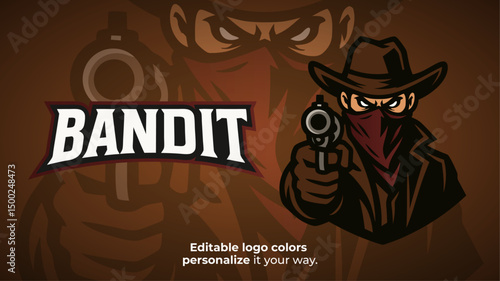 Pointing Bandit Mascot Logo Vector – Western Outlaw Aiming Gun for Esport Team, FPS Game Logo, Streamer Branding or Tactical Shooter Gaming Identity
