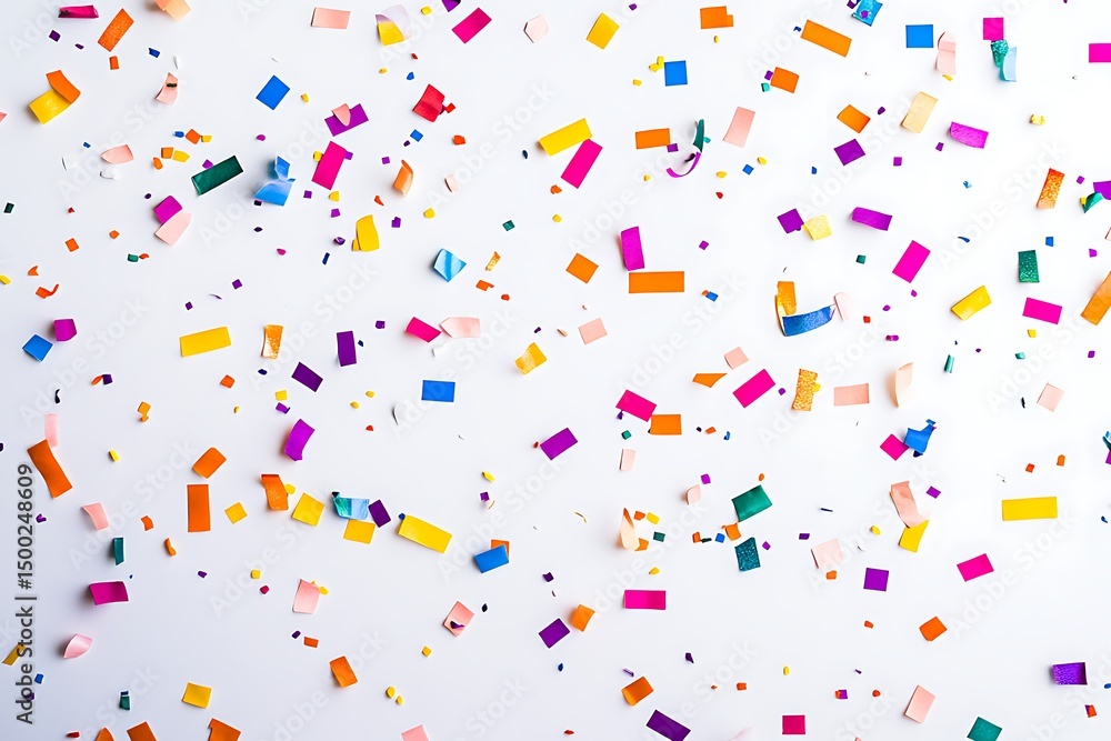Obraz premium Vibrant multicolored confetti scattered across a solid white background.