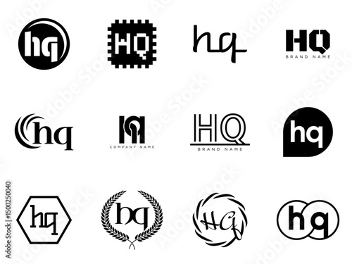 HQ logo company template. Letter h and q logotype. Set different classic serif lettering and modern bold text with design elements. Initial font typography.