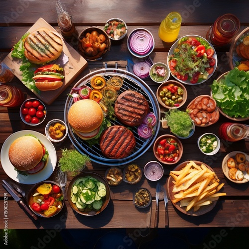 Wallpaper Mural Sommerliches BBQ mit saftigen Burgern, frischen Salaten und herzhaften Snacks – gedeckter Holztisch aus der Draufsicht. Torontodigital.ca