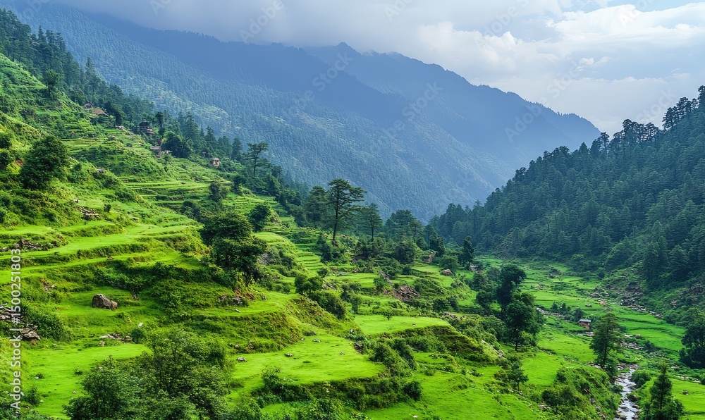 Fototapeta premium Lush green mountains and rolling hills create a serene landscape. AI generated illustration.