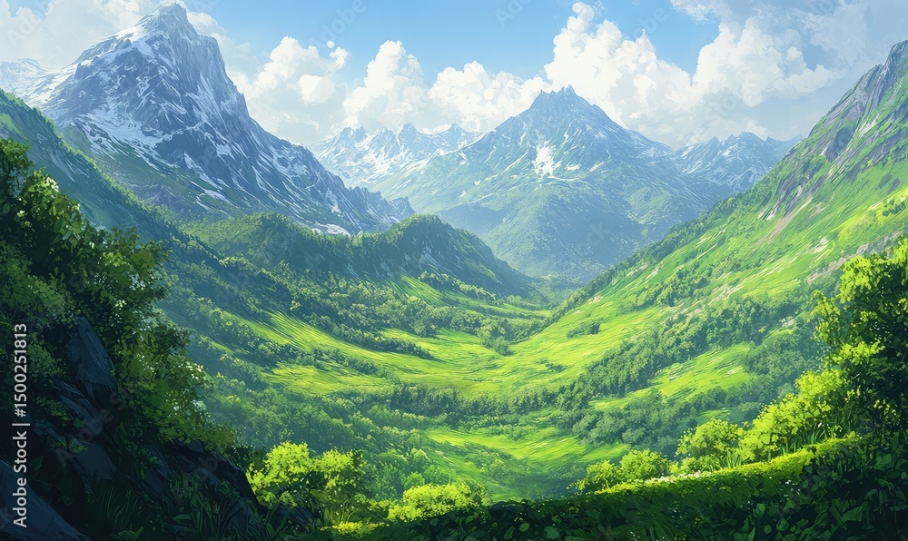 Fototapeta premium Lush green mountains and rolling hills create a serene landscape. AI generated illustration.