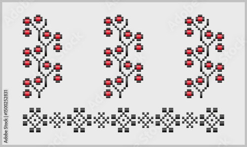Red and black decorative pattern, repeated elements of Ukrainian ornament with modern graphic style