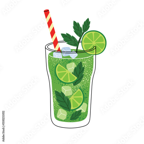 Refreshing mojito cocktail in glass with lime slices, mint leaves, ice cubes and striped straw. Summer green drink. Vector illustration isolated on white background.