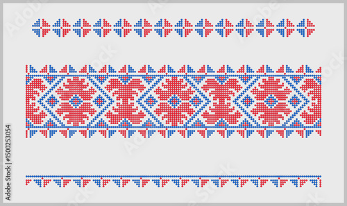 Traditional beaded red and blue ornaments patterns from Mykolaiv region of Ukraine, thin and wide borders set