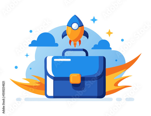 A stylized, flat-design illustration of a blue travel suitcase with wheels, ready for a journey.
