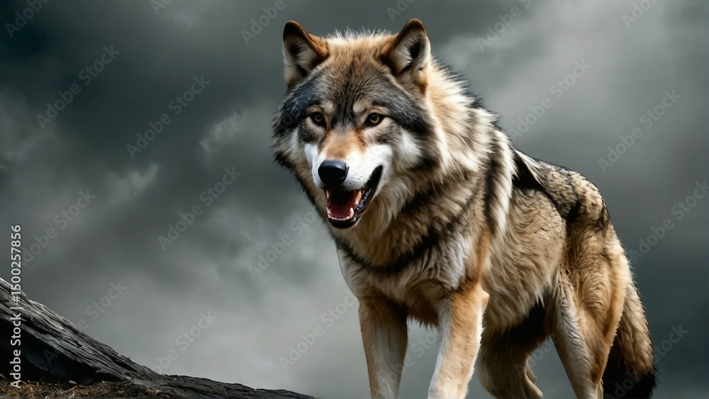 Obraz premium gray wolf canis lupus howling fierce scene looking for hunt, dramatic view 