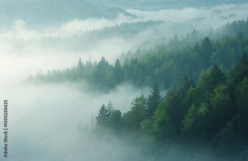 Fototapeta premium Forest in mountains covered by morning fog or mist. Natural landscape with green trees, hills and white clouds of fog. Tranquil scenery of nature, travel destination.