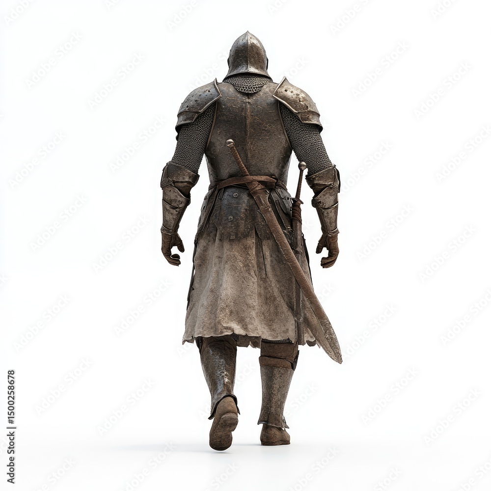 Medieval warrior in full plate armor, walking backward Medieval warrior in full plate armor, walking backward