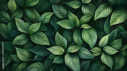 Close-up of lush green peace lily leaves with a single white bloom