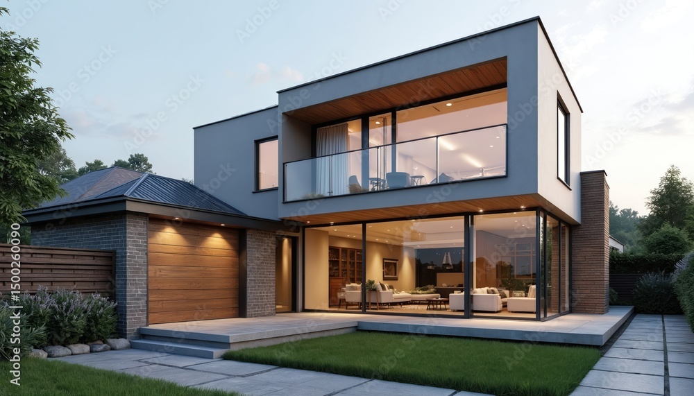 Modern house with cubic extension garage. Exterior features garden lawn windows. New family home, residential property, luxury villa, facades, real estate. Glass walls, interior decor. Modern house with cubic extension garage. Exterior features garden lawn windows. New family home, residential property, luxury villa, facades, real estate. Glass walls, interior decor.