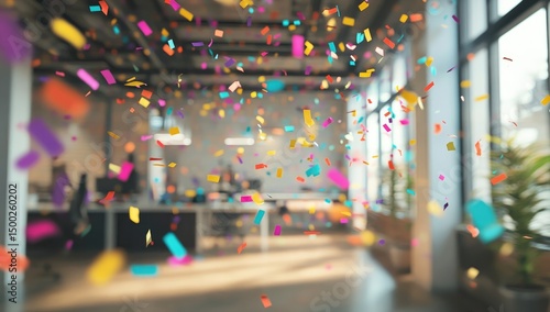 Colorful confetti fills modern office