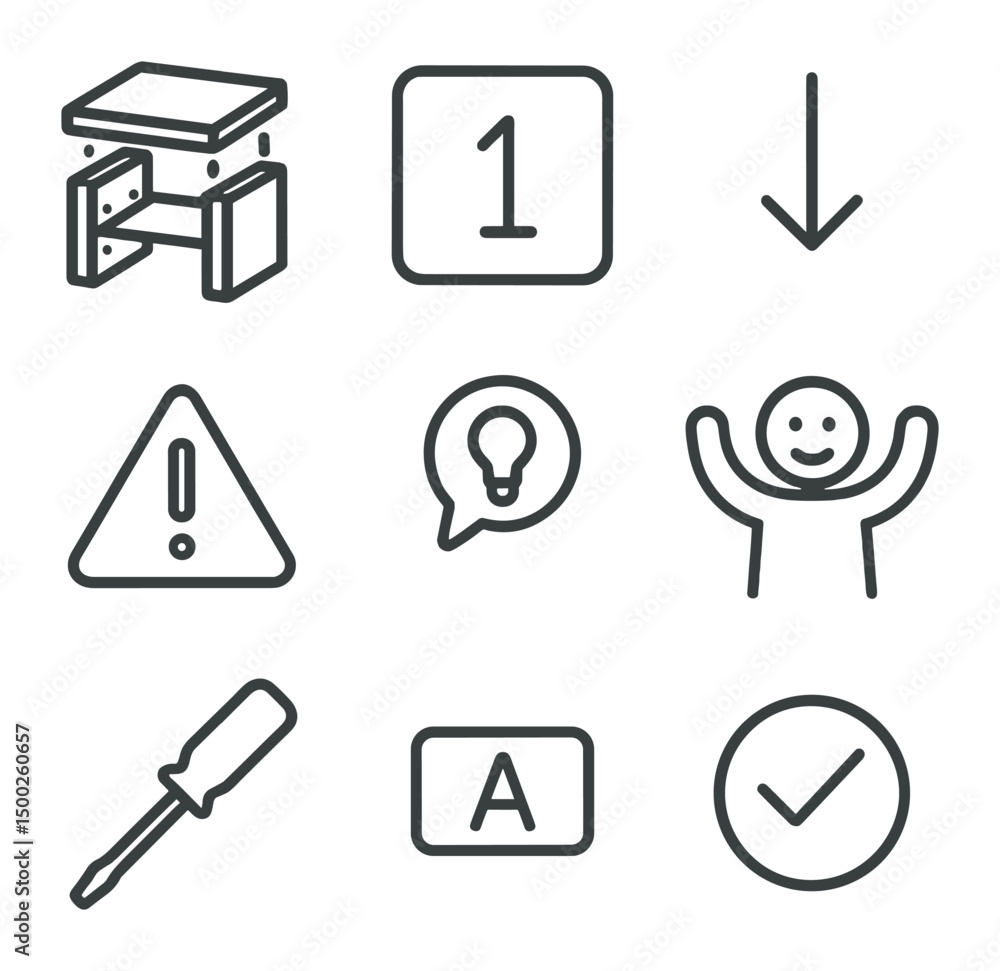 Flat-Pack Icon Set. Outline icon set of flat-pack furniture instructions: exploded view, numbered step, arrow indicator, caution Flat-Pack Icon Set. Outline icon set of flat-pack furniture instructions: exploded view, numbered step, arrow indicator, caution