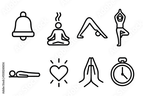 Yoga and meditation icons set – outline, linear, wellness symbols