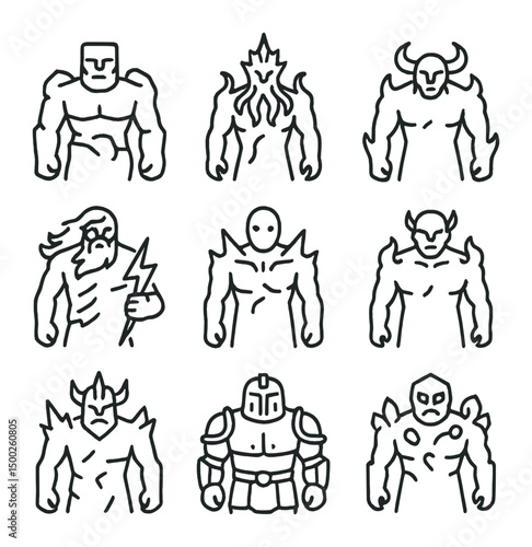Abyssal Giants Icons. Outline icon set of abyssal giants: Titan of Stone, Oceanic Colossus, Nether Behemoth, Storm Giant, Void