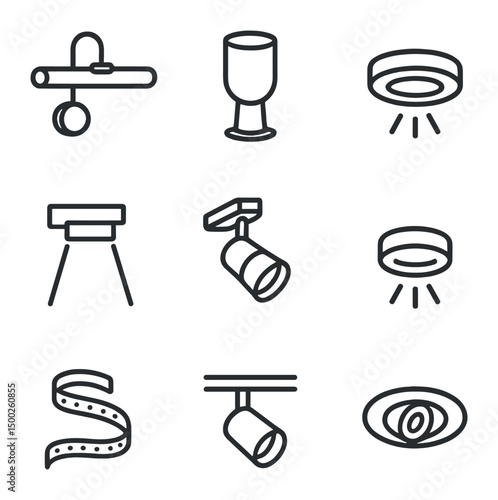 Accent Lighting Icons. Outline icon set of accent lighting: picture light, uplight, downlight, wall washer, spotlight, puck light,